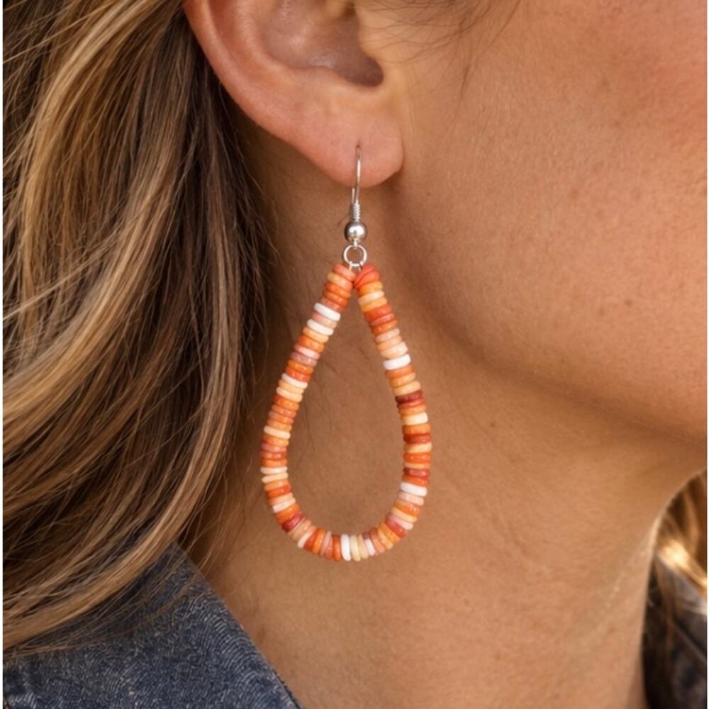 Orange Spiny Oyster Heishi Bead Teardrop Earrings – Sterling Silver